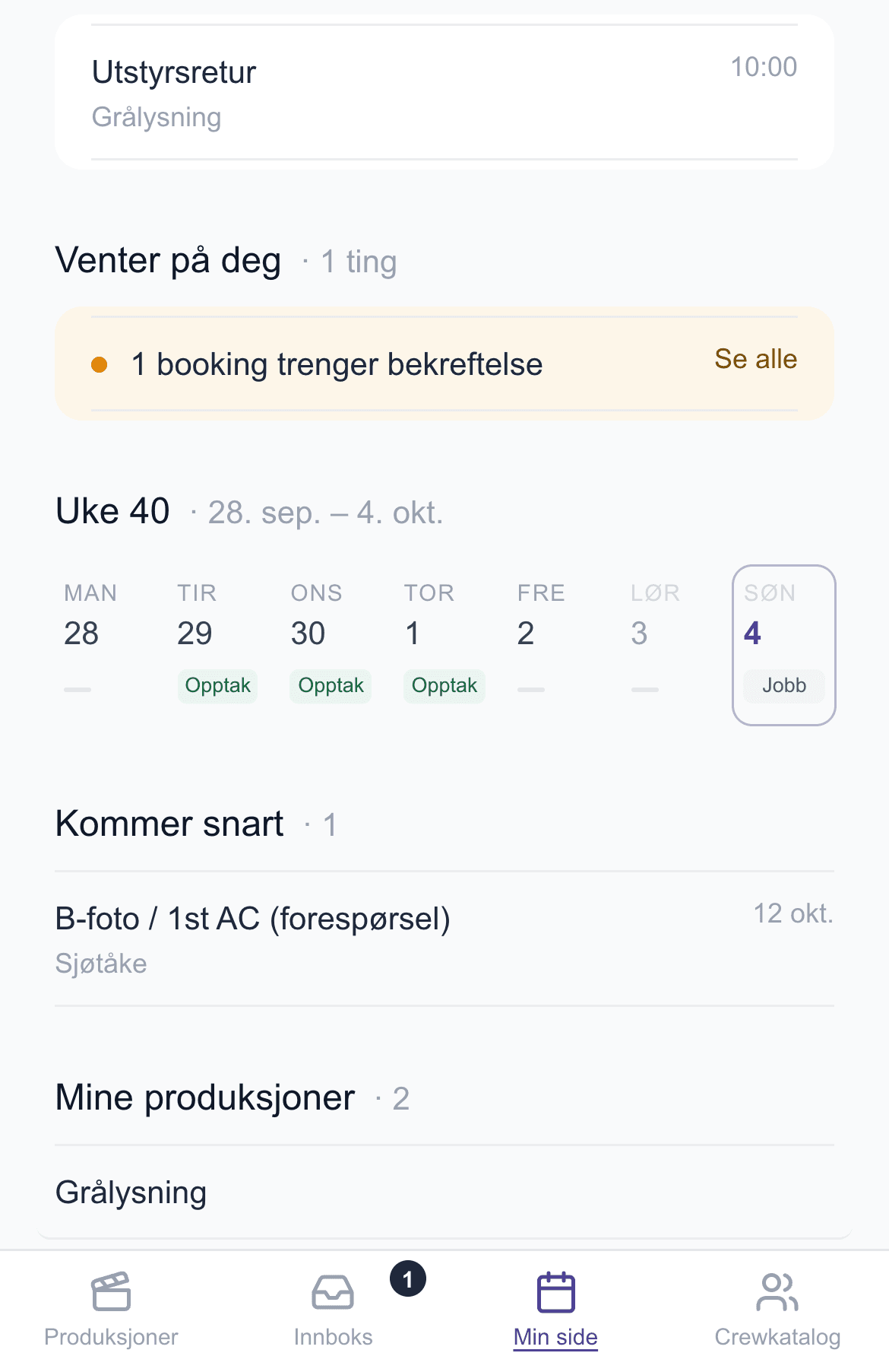 Min side på telefonen: dagens avtale, en booking som venter på svar, ukens opptaksdager og det som kommer